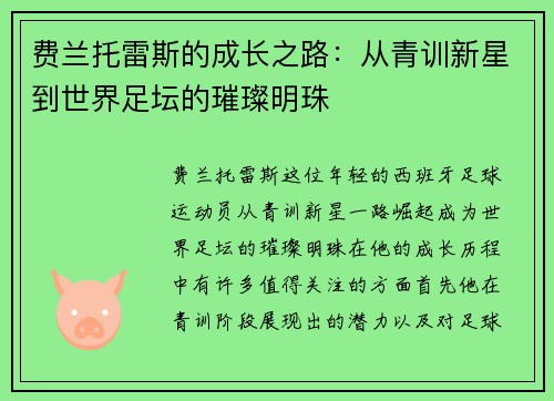 费兰托雷斯的成长之路：从青训新星到世界足坛的璀璨明珠
